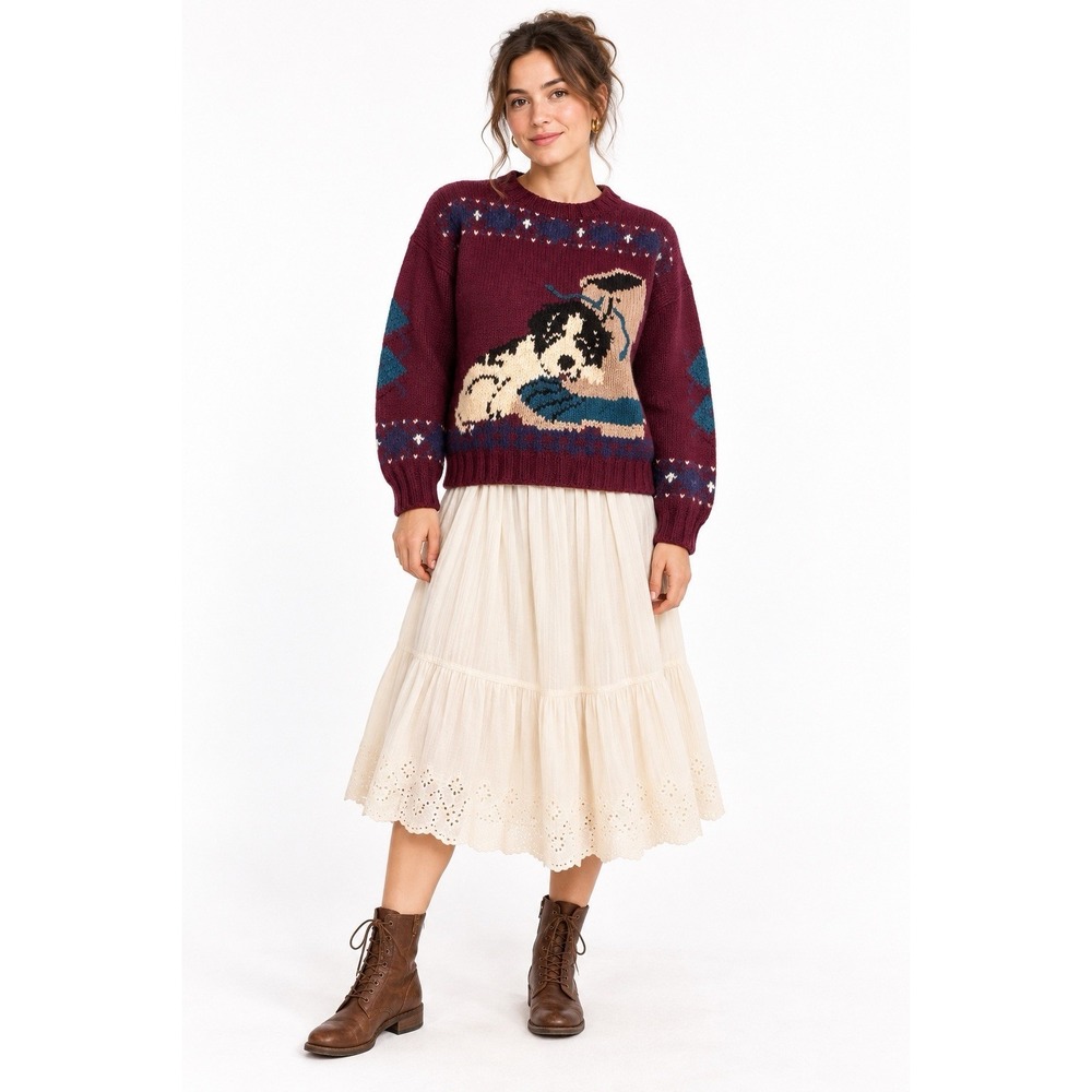 Vintage Woolwich Dog Duck Boot Sweater Women's M Burgundy Wool Intarsia Cottage